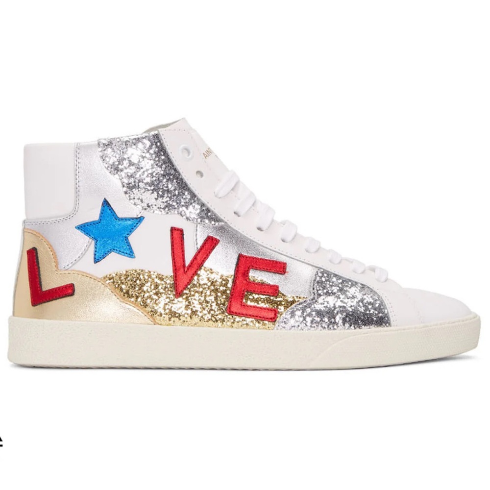 YSL Mid top sneaker with appliqué “Love” “Stars” and glitter panels 43.5